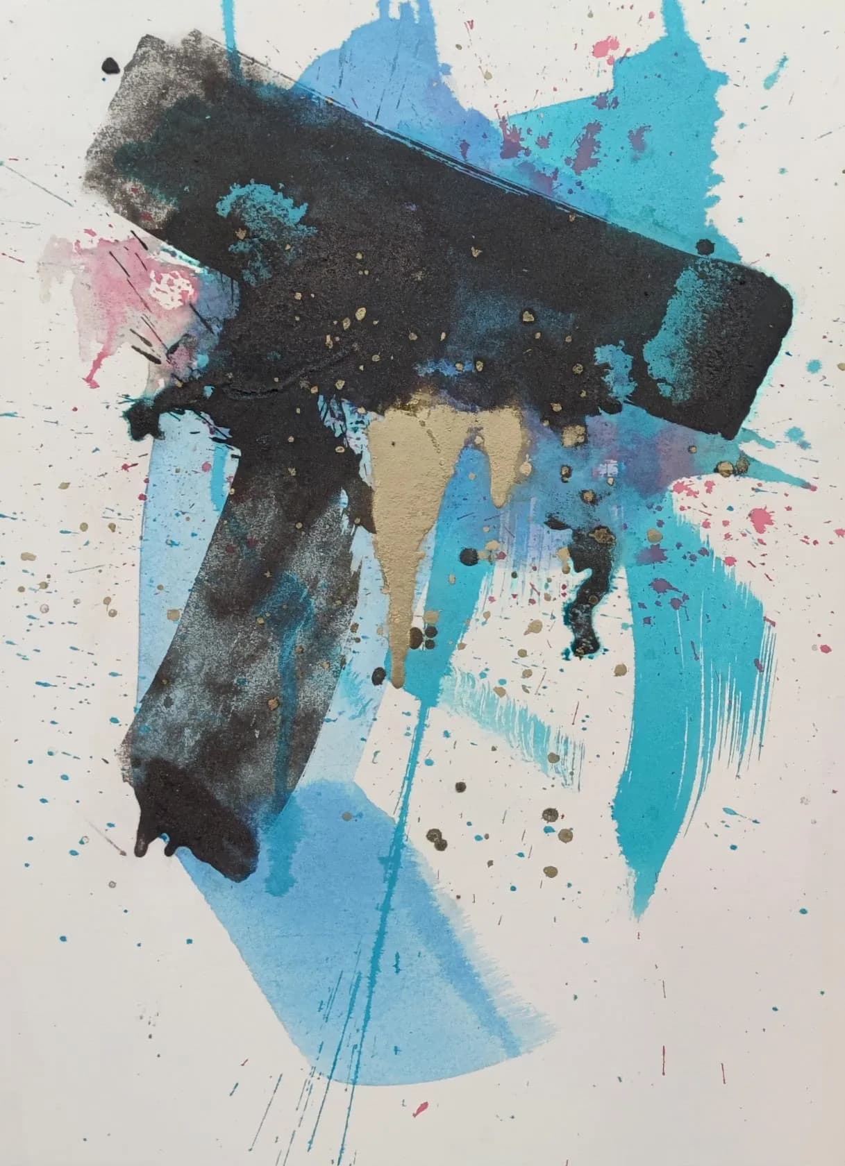 Composition T, encre de Chine et sable noir sur carton bois, 80 × 60 cm, 2024.