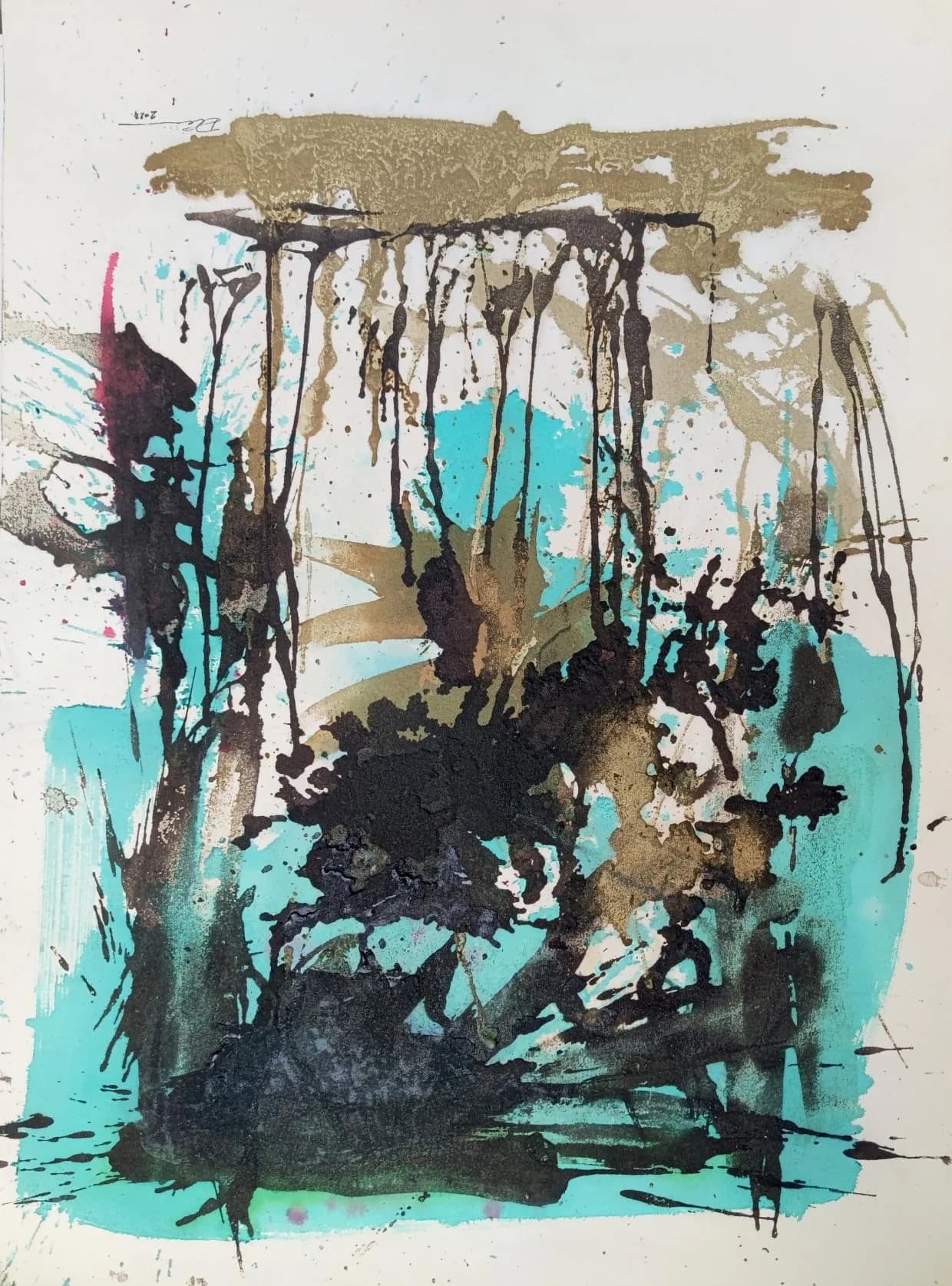La poésie balkanique, encre de Chine et sable noir sur carton bois, 120 × 80 cm, 2024.