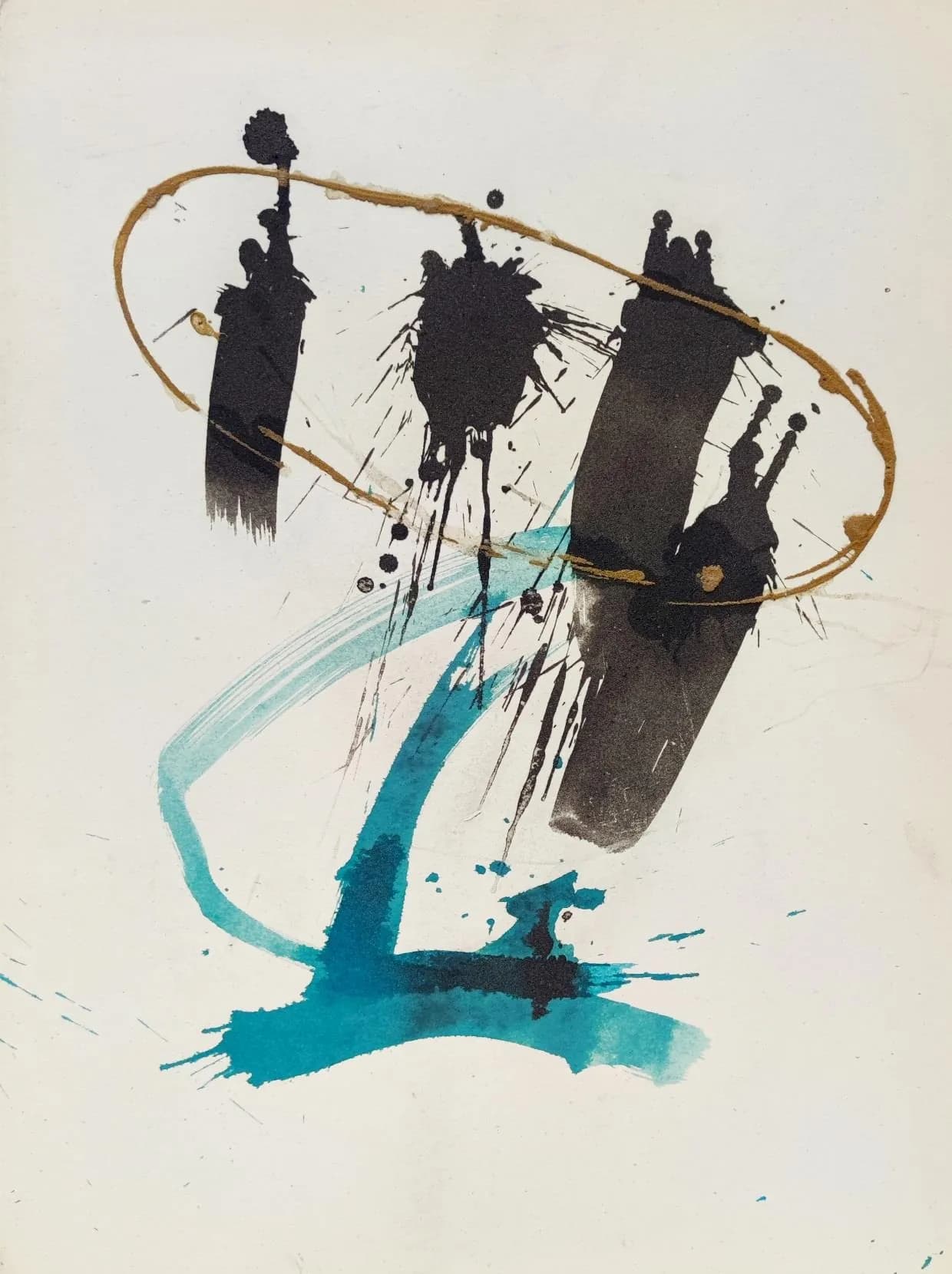 Les guerriers, encre de Chine et sable noir sur carton bois, 80 × 60 cm, 2024.